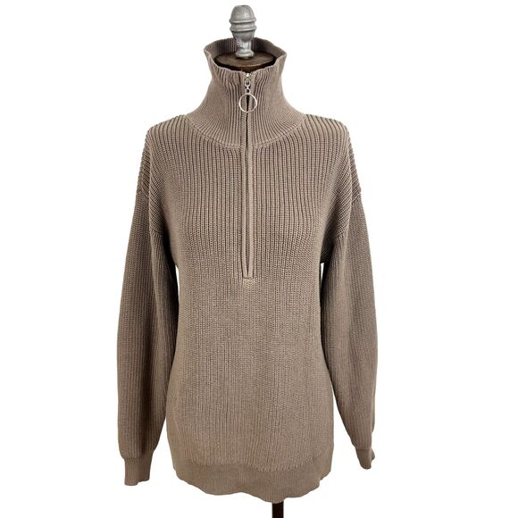HALARA Funnel Neck 1/2 Zip Tunic XS Split Casual Sweater Desert Taupe NWT B40 - Picture 2 of 7